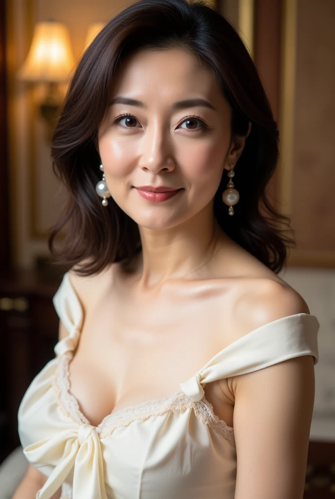 ((Focused)), (chandelier), (Wearing a tiara), pearl necklace, gravure, describe the lips correctly, red lipstick, from the chest up, In underwear, senior citizen,mature woman, flashy face, highest quality, super high quality, realistic, super dense skin, perfect explanation, (1 Japanese mature woman), (erotic), 100 years old, big breasts, Bewitching, Glamour, sexy, pure white skin, looking at the viewer,
