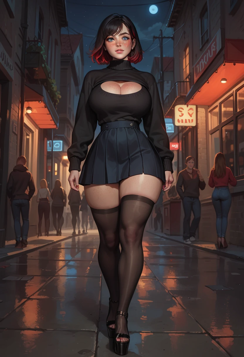 (Masterpiece), Best Quality, 1woman, 23 years, She has short flowing light RED hair, straight hair, (short hair: 1.5), (Red hair: 1.35), (messy hair), red eyebrows, (Brown eyes: 1.35), (large breasts: 1.35), (huge breasts: 1.35), (thick thighs: 1.35), (Wide hips: 1.35), big chest, (fitness girl: 1.0), well shaped body, (White skin: 1.35), (((wearing a tight dress, eye-catching, sexy dress, visible bust, black dress, elegant refinated dress, long dress, visible legs))), (night party, cold illumination, people background), (detailed background), 8k quality, wallpaper, high quality, cinematic lightning, happy, gentle face, expressive face, (detailed face), The face is well lit, (detailed eyes), pretty eyes, (smiling), big smile, (centered,Scale to fit dimensions,rule of thirds), high resolution,sharp focus,(ultra detailed,extremely detailed),(photorealistic artwork:1.37),(extremely detailed CG unity 8k wallpaper),(((vibrant colors,vibrant theme))), (gigantic breasts: 1.35), (dynamic pose: 1.5), (sexy pose), (american shot), thigh high 