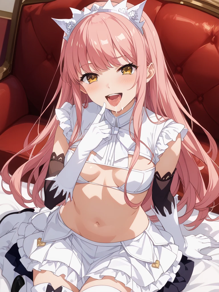 Girl with pink hair, long twin-tail hairstyle,((small bushy eyebrows)),, dressed in gothic wedding dress, lolita clothing, lolicon , (in a church full of people), flirtatious smile, suddenly having sex in public, ((squinted eyes, red cheeks and drooling)) hands on belly, force the groom to have sex at the altar, wearing a wedding dress, 1 boy crying behind her