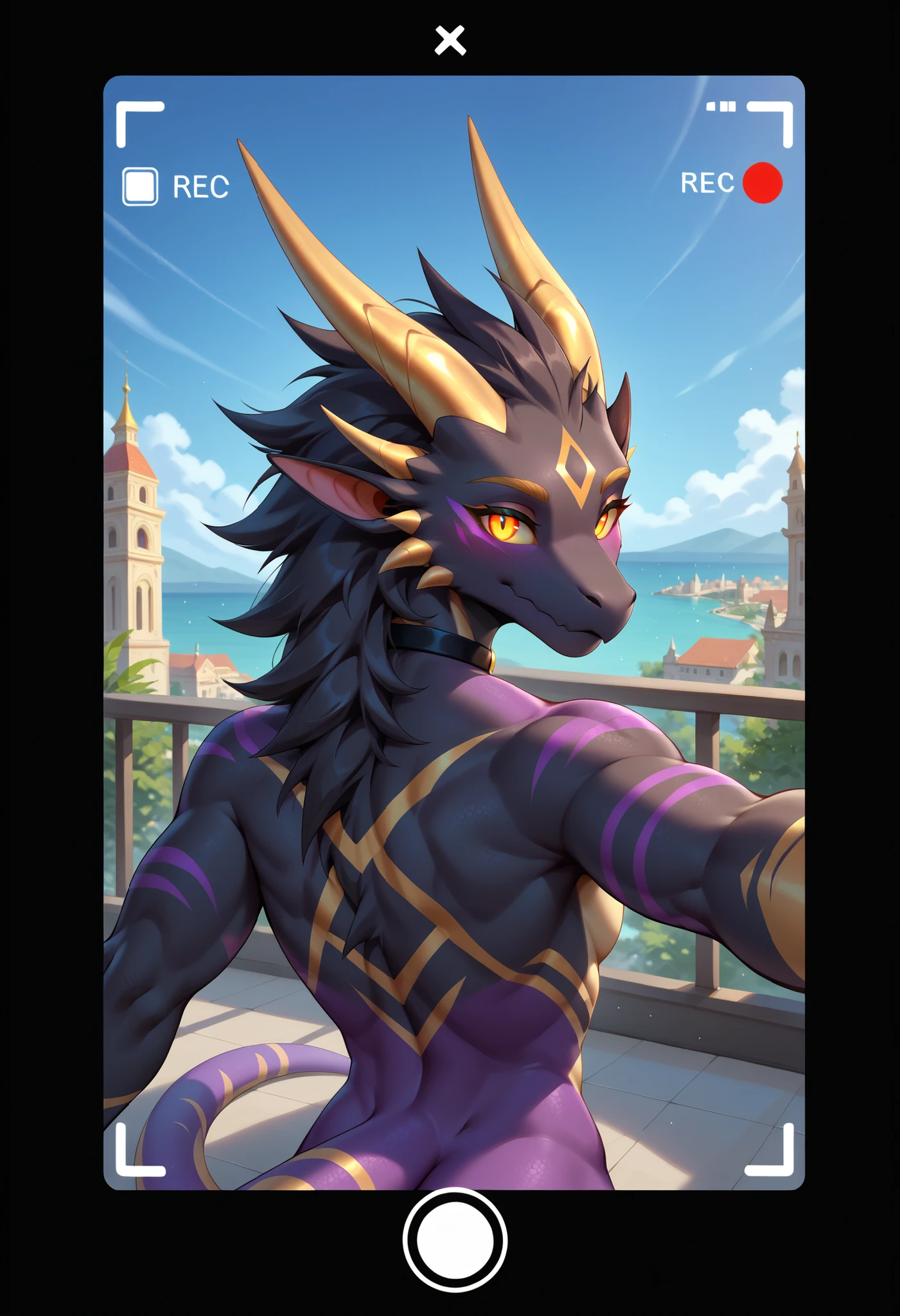 (zPDXL2), (PonyXLV6_Scores), rating_safety, Expressiveh, full body shot , BREAK solo, (furry, anthro), Eothos, dragon, golden mark on forehead, front half of body black with golden stripes, black muzzle, black long black ears, long straight golden horns, golden glowing eyes without pupils, two purple stripes under eyes, golden eyebrows, back half of body purple,female , (black choker), ( selfie, viewfinder, seductive, shy, exposed) , posing, (city background, hot summer background))