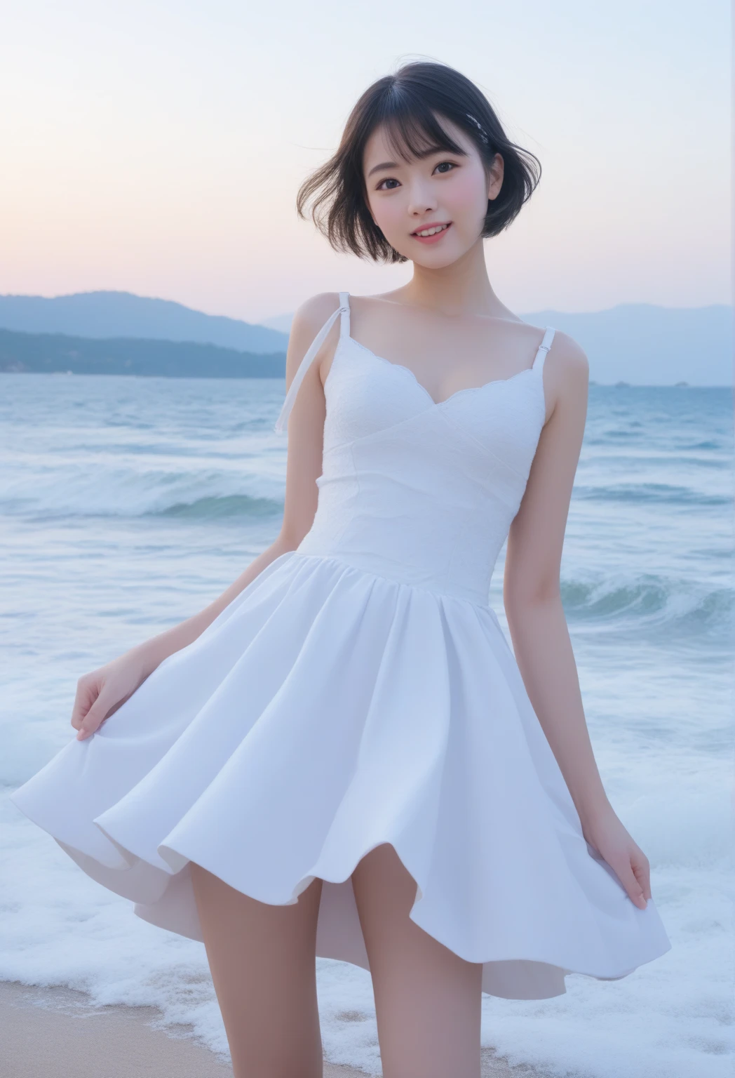8K、sea the background of、Neat and clean schoolgirl, petite person, (slim, Small, Flat, Small), Twin-tailed, Photorealistic, (Detailed skin texture), Ultra Detail,one piece dress、 Smile, Super Detailed Face, Detailed lips, Detailed eyes, 10years old girl、Delicate eyebrows、Little baby face、Professional Photography、watching at viewers、South Island Sea、full body Esbian