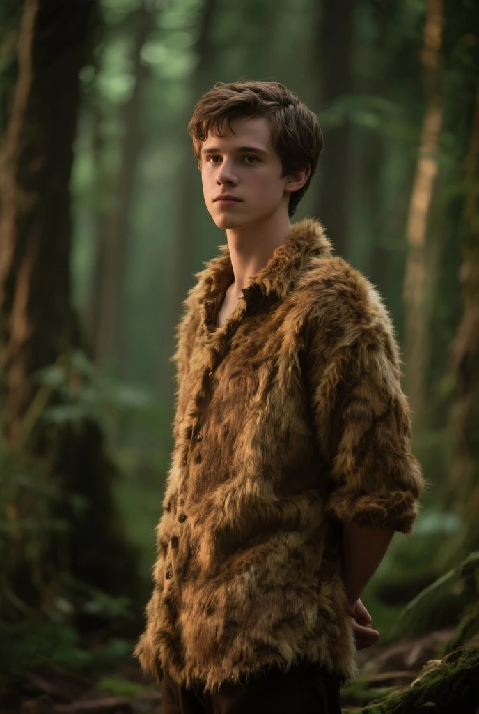 tom holland, (half body shot), (low angle camera shot), inside a cabin, (exposed big hairy chest and abs:1.4), unzipped brown jacket exposing his big pecs and abs and hairy chest, looking at viewer, tom holland, (extremely accurate and detailed facial features fo tom holland:1.2) , large bare feet, big bulge in crotch, muito bonito, Beautiful, long neck, hairy chest, protruding ears, big nose, freckles. showing big feet. large erect penis, hairy body, ginger