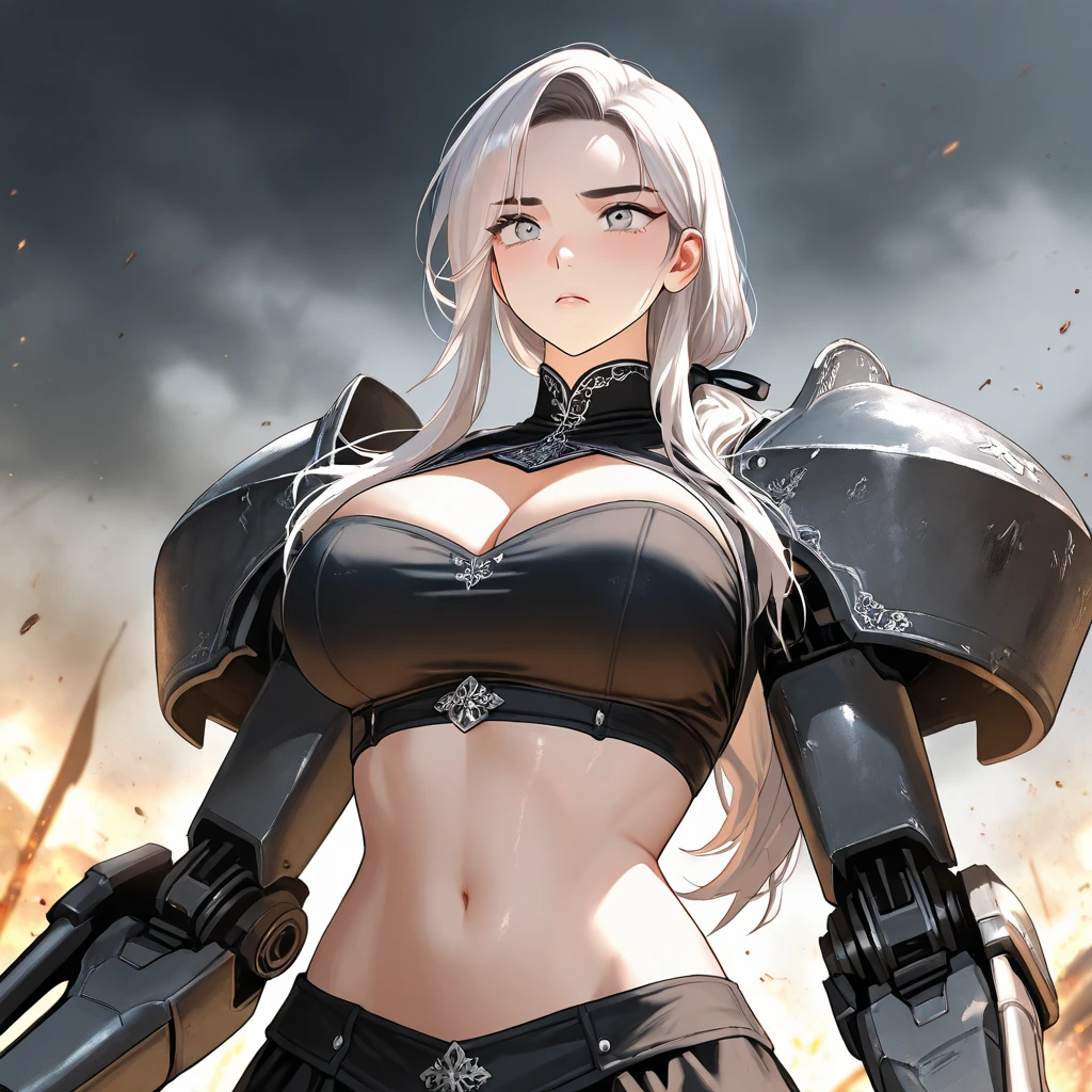 Striped hair, french braid, mismatched pupils, Chiaroscuro, illuminating, Gothic art, Best quality, Anatomically correct, High details,cavalier,holy paladin,Leather bandages,Metal chains, big tit,(Armor),Heavy armor,Gorgeous armor, exposed belly, sword