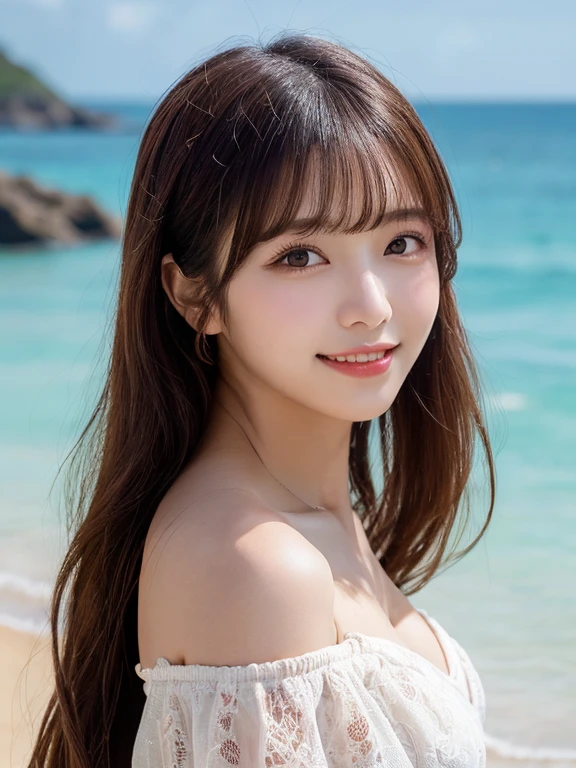 table top, highest quality, shape, Super detailed, finely, High resolution, 8k wallpaper, Perfect dynamic shape, beautiful and detailed eyes, D cup, natural color lip, random sexy pose,smile、20 year old girl、midnight、Beautiful and dense face、perfect and beautiful face,Big eyes、real photos(best image quality),Sheer off-shoulder dress (cream)、looking at camera、Please stand、Do gal makeup,blurred private beach background