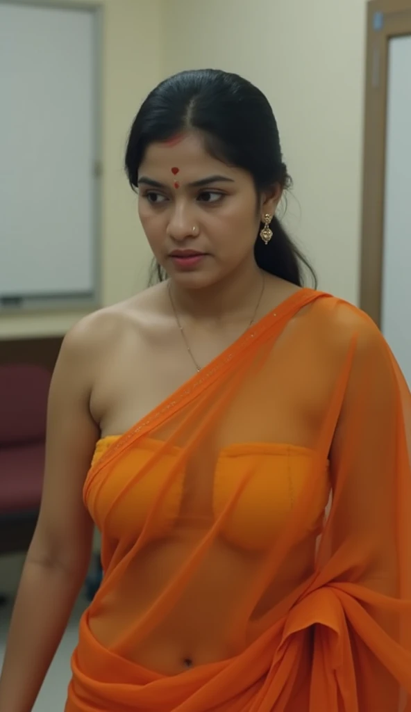 Kerala Indian woman wearing a deep neck blouse and an underskirt, masterpiece, best quality, best quality, (depth of field:1. 5), (realistic details:1. 3), both eyes are the same, perfect face, hd, 2k, 4k , 8k, 16k, v-neck, deep cleavage, visible navel, full body shot, bathroom, wet hair