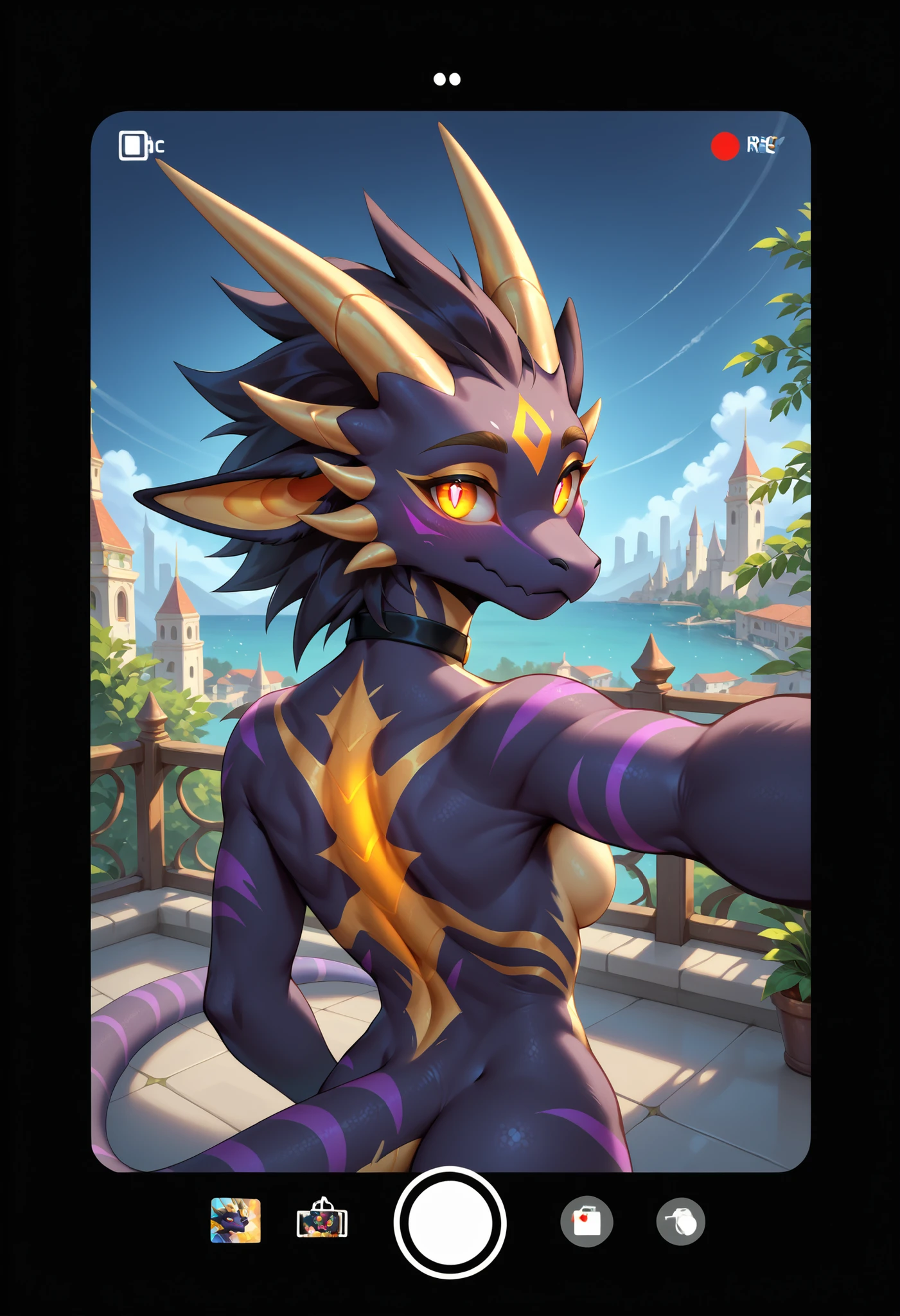 (zPDXL2), (PonyXLV6_Scores), rating_safety, Expressiveh, full body shot , BREAK solo, (furry, anthro), Eothos, dragon, golden mark on forehead, front half of body black with golden stripes, black muzzle, black long black ears, long straight golden horns, golden glowing eyes without pupils, two purple stripes under eyes, golden eyebrows, back half of body purple,female , (black choker), ( selfie, viewfinder, seductive, shy, exposed) , posing, (city background, hot summer background))