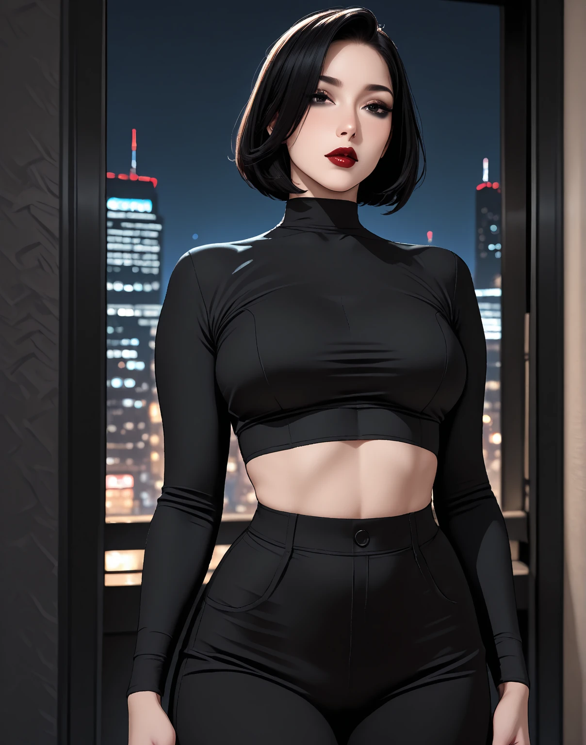4K quality, The best high quality masterpiece, Punk girl wearing thin a black shirt, (heavy makeup), Blurred city background at sunrise, short hair, dark purple hair, detailed face, high quality, High resolution, (full shot:1.8), big breastini skirt, garter belt and black stockings, arms up