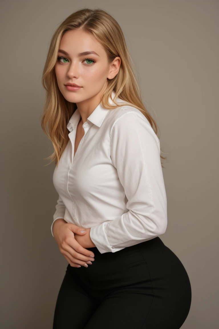 On the left side of a black table stands a blond,blue eyes,18 years old,White shirt,Black skirt,Huge Breasts,Must have E CUP,Good figure,A girl with very fair skin takes a very realistic photo with a black wall in the background