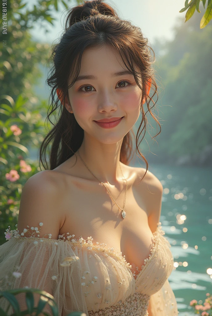 a cute asian girl, naked body, big breast, long flowing hair, ethereal, delicate facial features, porcelain skin, dreamlike, whimsical, fantasy, magical, surreal, (best quality,4k,8k,highres,masterpiece:1.2),ultra-detailed,(realistic,photorealistic,photo-realistic:1.37),detailed eyes,detailed lips,extremely detailed face,longeyelashes,fantasy landscape, glowing orbs, soft lighting, pastel colors, romantic, ethereal atmosphere