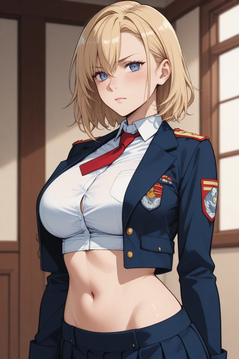 score_9, score_8_up, score_7_up, source_anime, solo, 1girl, seras victoria, hellsing, blush, shy, looking at viewer, arms behind back, blonde hair, hair over one eye, blue eyes, yellow shirt, short sleeves, white gloves, sexy, humongous breasts, large breasts, boob window 