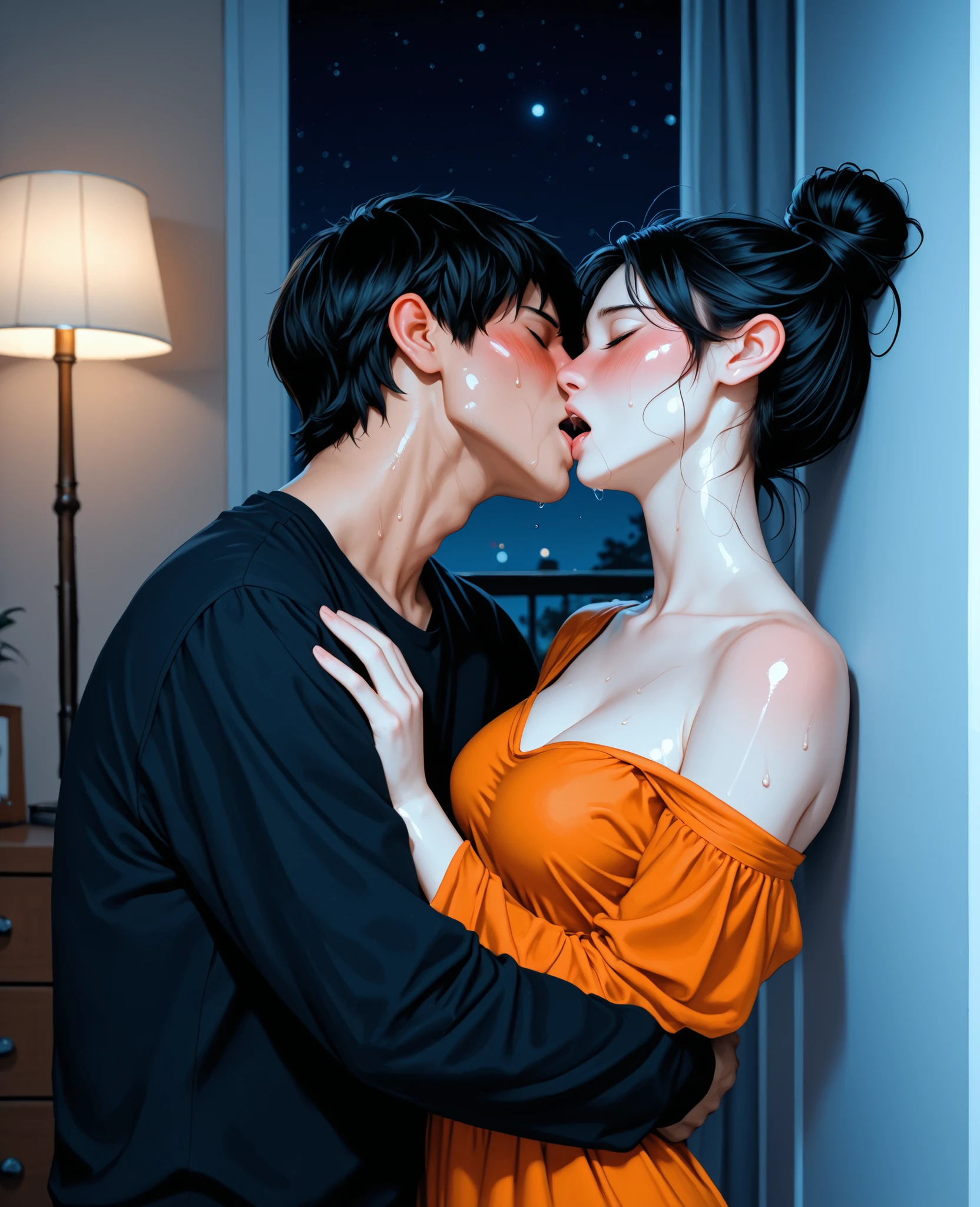 score_9, score_8_up, score_7_up, 1woman, solo, hair, closed eyes, white milky porcelain skin, white-skinned female, black hair in a messy bun, lovely medium breasts, perfect body, orange maxi dress, messy clothes, exposed shoulder, sweat, female organism, open mouth, looking at viewer, head tilt, nose blush, blush, indoor, bedroom, night time, late night, shiny skin, against wall, standing , upper body, 1girl, 1boy (faceless, face on girl's face,
intense kiss, deep kiss, neck kiss ), hug. Dutch angle.