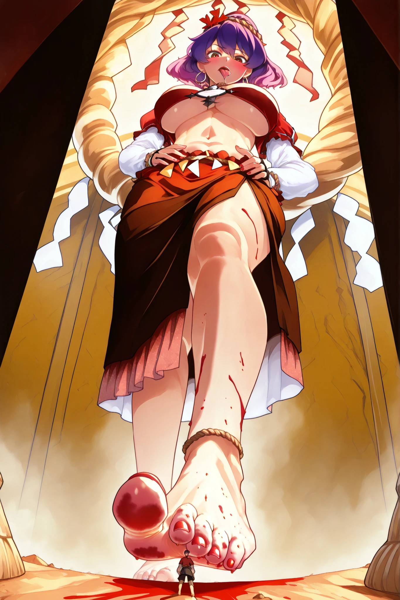yasaka kanako,mature female,large breast, foot focus, feet, barefoot, toes,toe ring, red toenails, full body, legs, foreshortening, smelly feet, dirty feet,giantess, giant feet, tiny guy, size difference, 1boy, standing on boy, soles, sole covered with blood, from below, looking down, forced, faceless boy, (licking feet:1.2),saliva ,giantess,feet,tinyguy,blood,stainblood,macrofilia,crush,sole focus,toes,toenail,girl,giant,legs up, from below, foot, foot focus,looking at viewer, blush,dancer,hair flower,circlet,hoop earrings,neck ring,necklace,o-ring top,underboob,navel,pelvic curtain,bangle,anklets,thighlets,chains,jewelry,bare foots,bridal gauntlets,hagoromo,Yasaka Kanako, touhou Project, purple hair, short hair, brown eyes, rope, leaf, hair ornament, red shirt, layered sleeves, short sleeves, white long sleeves, mirror, short skirt, zouri, large breast,imminent crush, giantess, from below,toering,gold cloth,