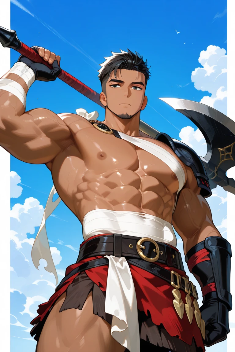 masutepiece, Best Quality, 超A high resolution, Highly detailed, Man's, Brown skin tone、white harassment, armor, Shirtless, Open your clothes, Rose Garden、torn hero,Brown skin、 Dense face、Precise eyes、Shirtless, Strong body、Exposed legs from thighs to feet, Cascade Long Curls, Complex muscle details, Photorealistic artwork, 4K resolution. Background: Mysterious ancient ruins with glowing symbols,32K UHD, Best Quality, masutepiece, Super Detail, high details、Silver armor、Holding a sword in his right hand