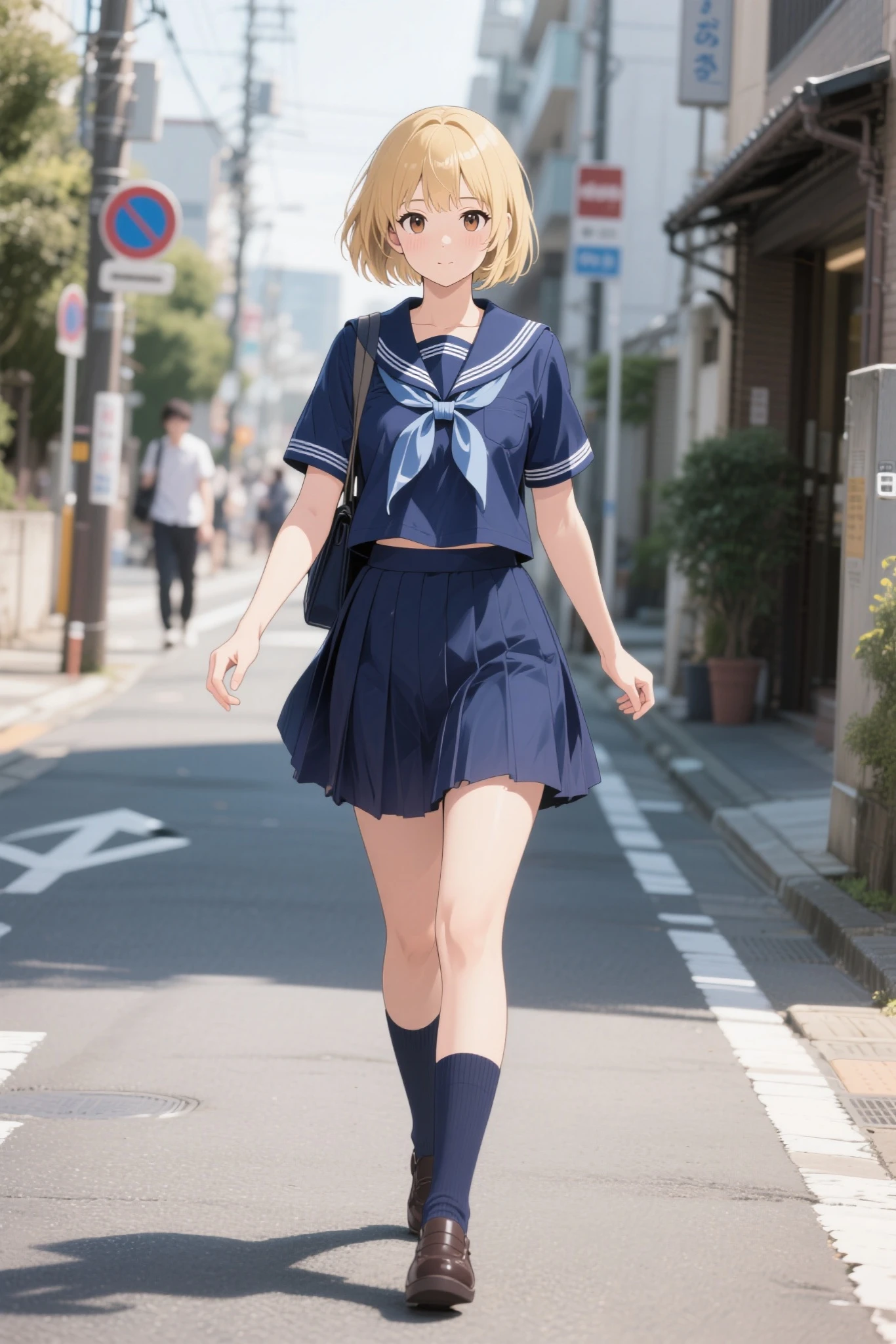 One Girl、blush、Embarrassed look、Perfect Anatomy、Short Bob、Small breasts、(((White student sailor uniform、Dark navy blue pleated student mini skirt、Black knee socks)))、((Hair tousled by the wind、Messy Hair、Broken hairstyle))、(((The wind blows up my skirt:1.3、White panties、Cute ass)))、Pay attention to the butt、Professional Lighting, Film Grain, chromatic aberration, (Eye and facial details:1.0), (Bokeh:1.1)、software:1.5)))、 Highest quality, 8k, 20talent