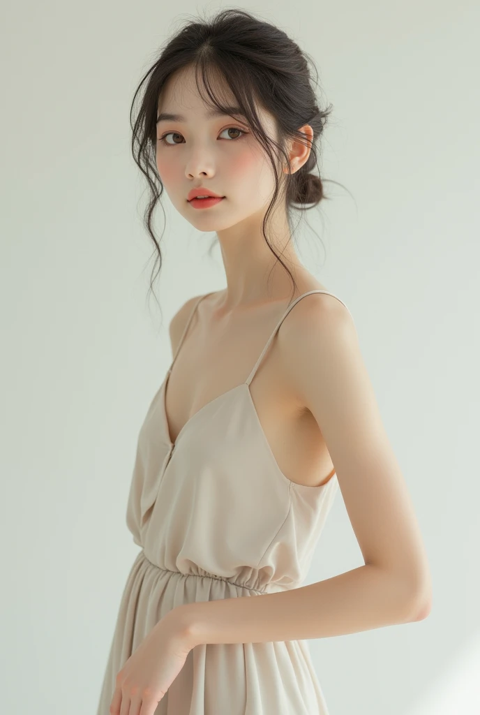 ((1 girl)), Very beautiful Japanese idol portraits, (RAW Photos, Highest quality), (Realistic, Realistic:1.4), (masterpiece), Very delicate and beautiful, Very detailed, 2k wallpaper, wonderful, finely, Very detailed CG Unity 8K 壁紙, Very detailed, High resolution, Soft Light, Beautiful detailed girl, Very detailed目と顔, Beautiful and detailed nose, finelyて美しい目, Cinema Lighting, (Simple light color background:1.3), (Long Hair), (Parted bangs), Complete Anatomy, Slender body, Small breasts, smile, ((Full body shot)), ((banker)), (White chemise),(Panty lines),Sexy pose,Vibrant,((secretary)),Slender,Long legs,(White long slip skirt),(race),