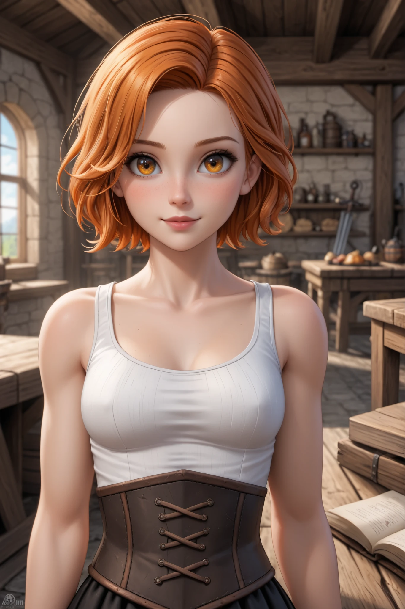 1girl, cute, young, blacksmith, at her workshop, white tanktop, black blacksmiths appron, orange hair, medium-short hair, aubrun eyes, slim, fit strong body, medium sized chestmasterpiece, best quality, 4k, medieval RPG