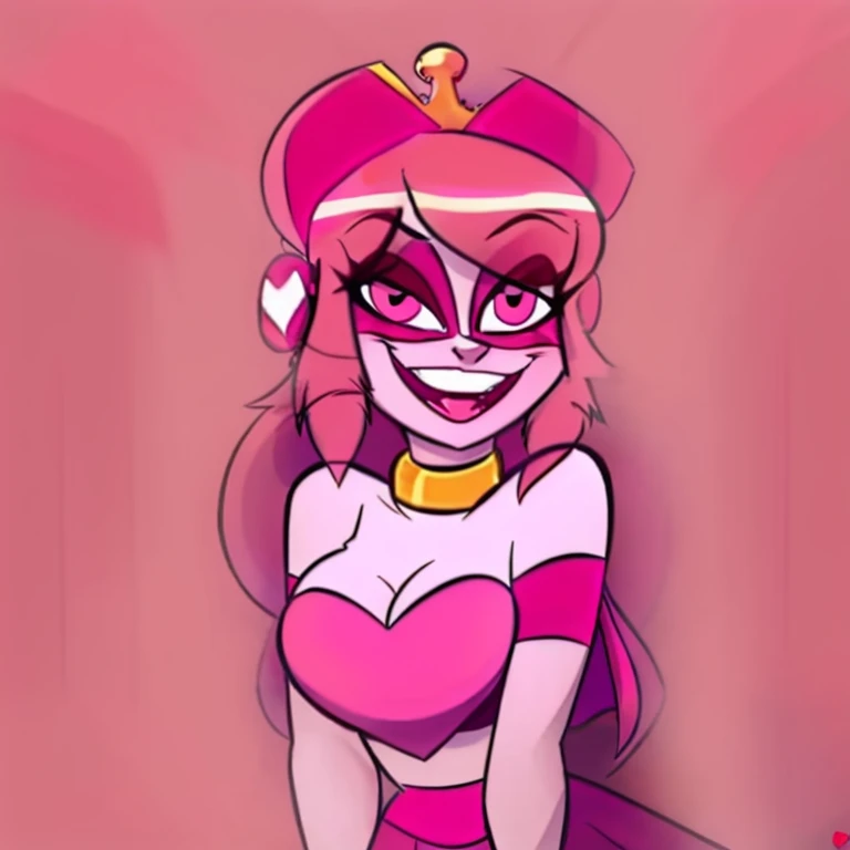 1girl, VelvetteHH, dark eyeshadow, white pupils, red sclera, pink hair, two-tone hair, twintails, long hair, skull earrings, colored skin, dark skin, fangs, bare shoulders, fingerless gloves, elbow gloves, dress, solo, white_dress, wedding_dress, standing, indoors, own_hands_together, bare_shoulders, strapless_dress, breasts, strapless, full_body, mirror, looking_at_viewer, monster_girl, heart hands