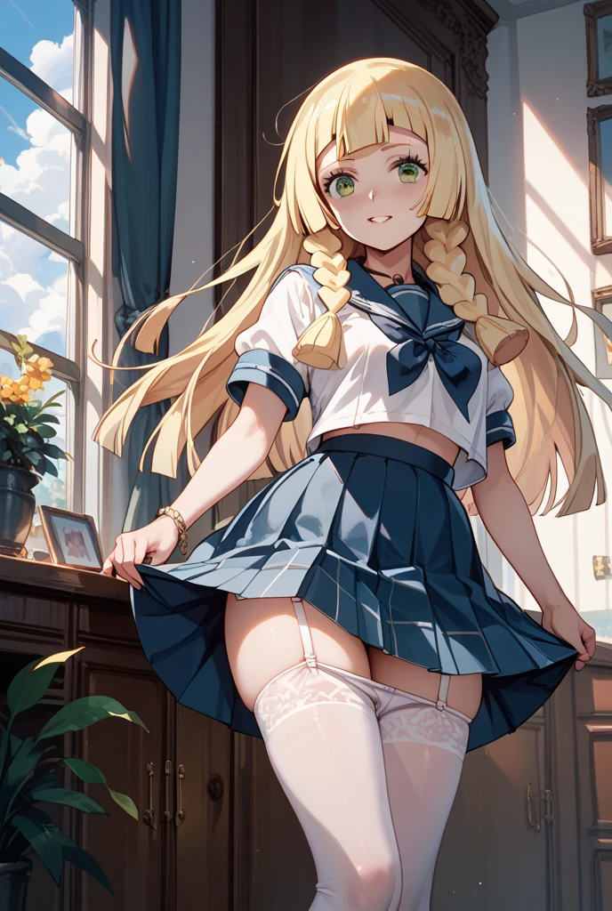 masterpiece, best quality, absurdres, perfect anatomy, 1girl, solo, Sena Kashiwazaki, long hair, butterfly hair ornament, st. chronica academy school uniform, dress shirt, plaid skirt, downblouse, cleavage, leaning forward, arms behind back, standing, smile