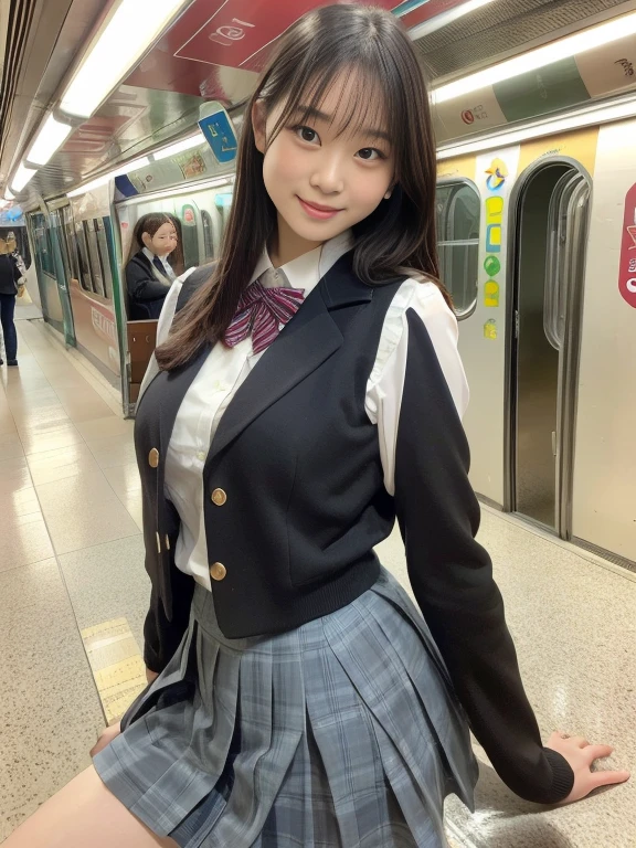 (8K), (highest quality: 1.2), (realistic), (realistic: 1.37), ultra high resolution, 1 girl, cute, serious face, closed mouth, beautiful details, beautiful nose, beautiful hair, ponytail,giant dulcefo, pork, thighs，self snap,University Student Uniform,Sitting on a train in Tokyo,simple blazer,pleated skirt,(The pattern of the skirt and tie is a tartan check pattern....:1.3),cross your legs, From above,(thighsにクローズアップ),(光沢のあるthighs),(Opaque blue knee-high socks:1.2)