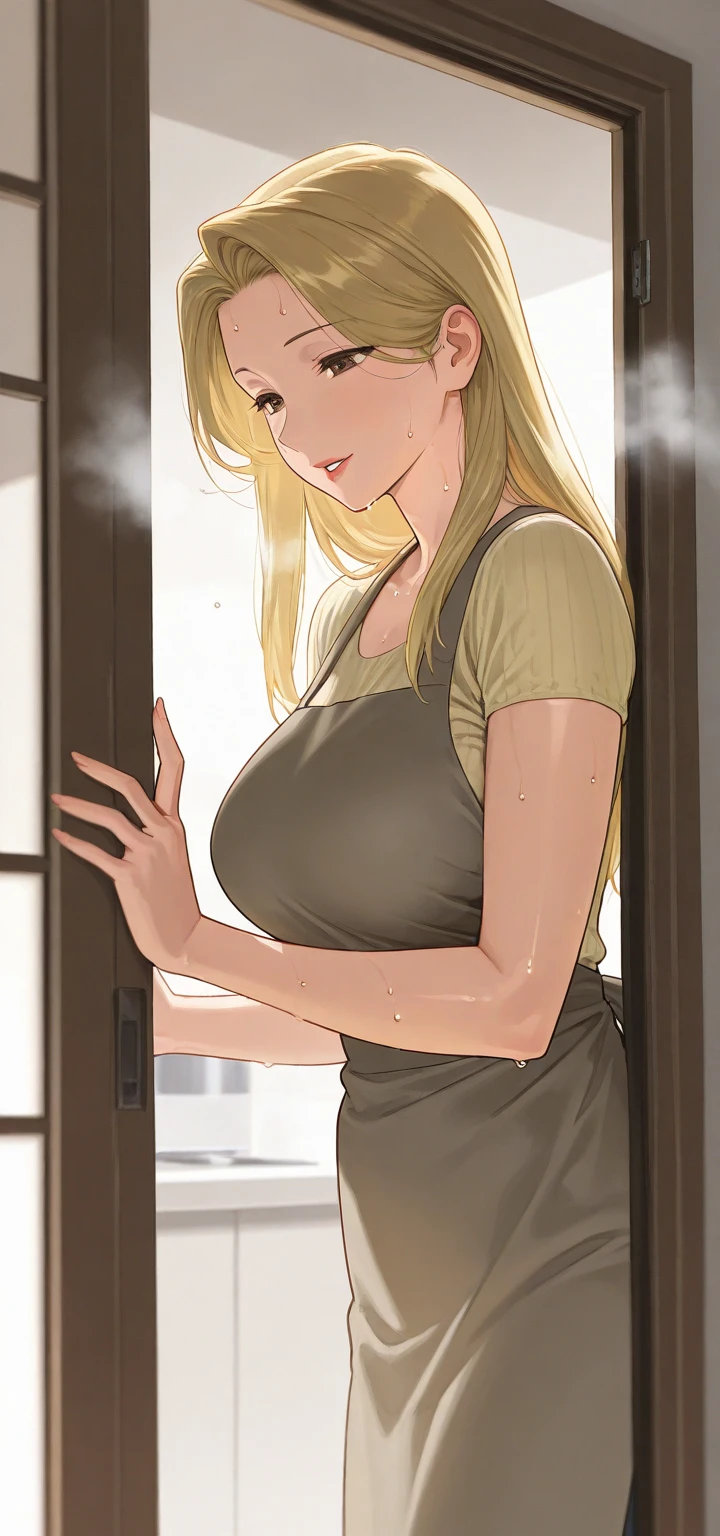 、(masterpiece、Highest quality)、Highest quality, Ultra-high resolution, (((masterpiece))), alone, Sweat、Big eyes, Composition from the front、short hair、Both ears are visible、Embarrassed face、Blonde、Bathroom、Exposing the breasts、Completely naked、pubic hair、belly button、Large areola、Nipples、Upper body close-up