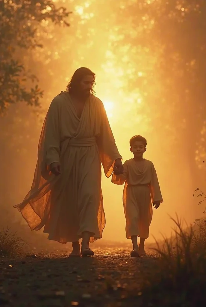 Descreva uma imagem de Jesus Christ walking in the enchanting garden of Eden with Adam. Adam is 2, short curl light brown hair, green eyes. Jesus is 3, light blue eyes, very handsome, emanating a divine aura and looking directly into the camera with a penetrating and compassionate gaze. The scene around him radiates a sense of serenity and transcendence, com cores suaves e uma atmosfera celestial. Highlight the details of the expression on your face, the sparkle in your eyes and the sense of peace and grace that your presence radiates in this sacred moment, 32K UHD, Style Raw, Afternoon sun, warm tone, cinematic