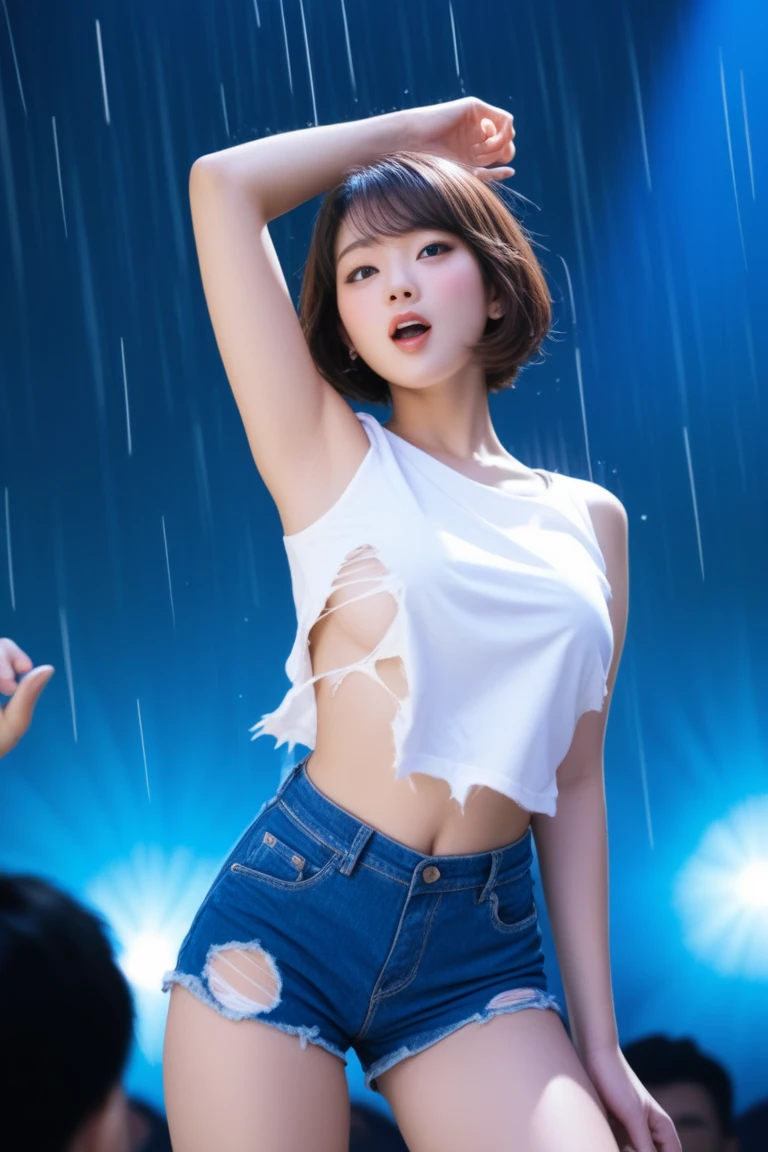 8K, highest quality, (beauty of pubic hair)、High resolution, lively, real person, A beautiful mountain road in the Alps with heavy rain、A beautiful muscular woman carrying a large amount of luggage with special equipment on her back..、((I'm desperately rushing and running as fast as I can))、Quickly、He wears tight shorts and a T-shirt so short that his stomach is exposed..、(My hair is wet from the rain)、huge tit、A lot of sweat in the cleavage、death stranding