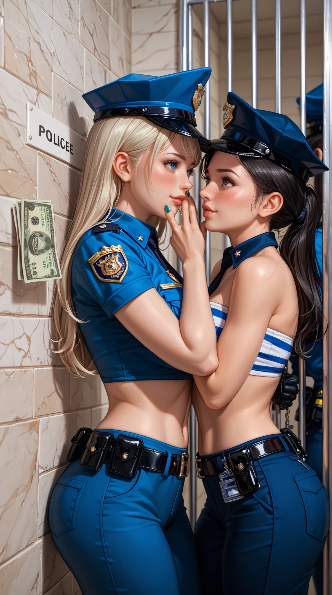 (8K,tmasterpiece:1.2),(Hyper-detailing),(ssmile:1.1),((wavy white long hair):1.3,beatiful detailed eyes,largeeyes,Light makeup,choker necklace,ear jewelry,Pink and moist lips),Two slender women,red color eyes,In the police station,Absurd long white hair,(Police uniform),(Black combat uniform),Female police,Cocked buttocks,((Stretch meat,Fair and moisturized skin)),Be dignified and religious,),(The atmosphere is ambiguous,misty background,a fairy world:1.2),(long white hair)