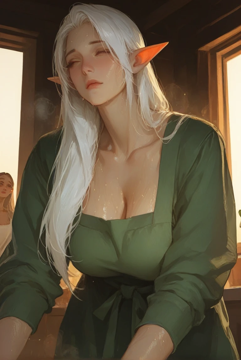 (((I want a solitary Elf Woman, Long white hair, Serene green eyes, brown skin, mature body with full breasts and slim waist, wearing a beautiful dress, sitting on a chair in front of a dining table))),(((Alone)))