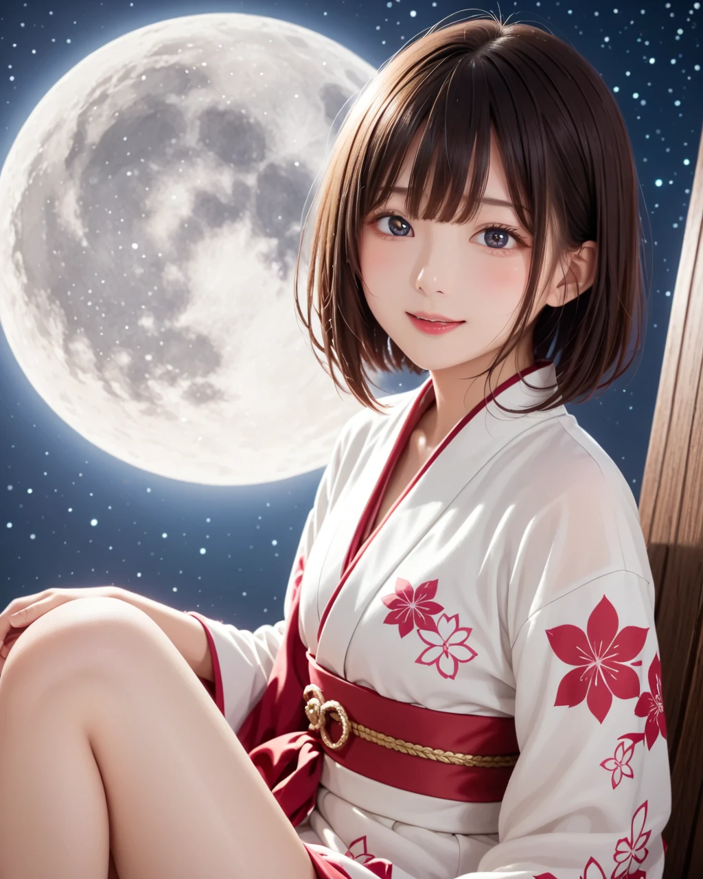 night,Starry Sky,Crescent Moon,moonlight,Flower Field,The background is a row of cherry blossom trees,Black Hair,Sexy Girls,Hosomi,Open chest,Pure white kimono,Golden band cord,Phoenix Embroidery,Red sandals,smile,Upper class,Highest quality, Face Focus, (Depth of written boundary) ,Ultra-high resolution, Japanese, One person, smile, (Green Eyes), Natural Face, (Bob Hair)
