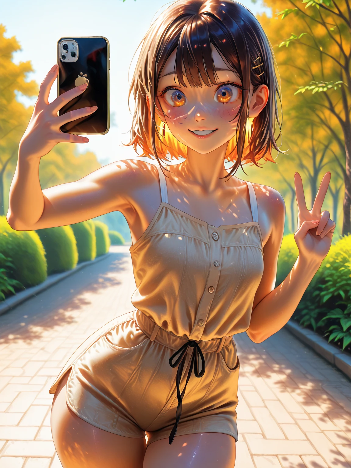 8k, masterpiece,a girl roaming in the park,taking a selfie while running,smile on face,clear face and perfect symmetry,wear normal small cute dress,half image.