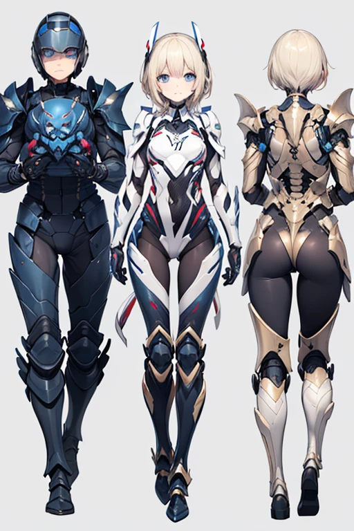 (((full body photo))) , femboy wearing a lightly armoured body suit, sci-fi themes, chest armour, gundam, best quality, arte oficial, Sketch line diagram, front view, back view, and side view of character, long hair