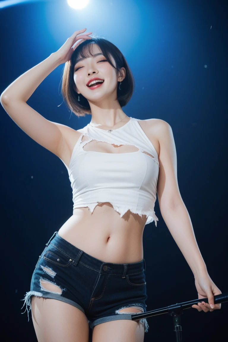 1girl action figure, figma, dancing and singing pose, wearing daisy duke, white tanktop, black choker,