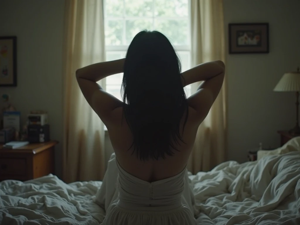 elle est nue. dans un lit noir avec une lumière d'ambiance bleu