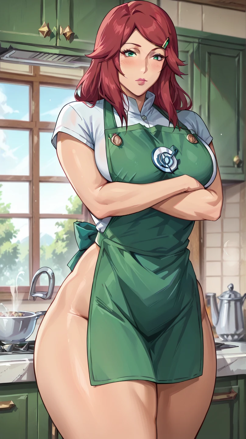 2heads, a tall fat woman with 2 heads. She is in a kitchen, standing behind a countertop She is wearing an apron. Cleavage. She is wearing a bandana to push her hair back. She has long curly green hair. She is very tall and mature. She is baking a pastry. Her apron is dirty. She is happy and smiling. She is messy from baking. Motherly, milf.