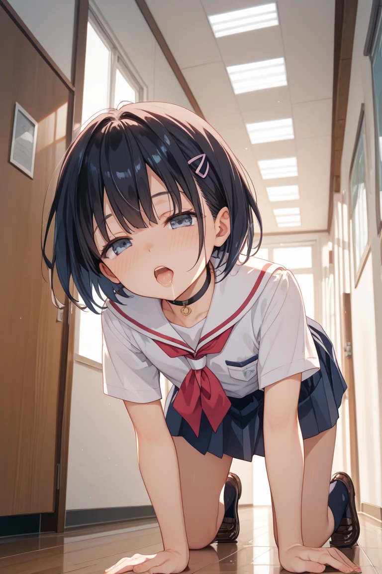 ((masterpiece,Highest quality:1.3,best quality illustration)),((realistic:1.2)),cowboy shot,独奏,1woman,18 year old beauty、black hair,short bob hair,(center parted bangs),black eyes,(gorgeous big eyes),(((very small head:1.4))),shy,drooling,((slender body,skinny)),(tan skin:1.4),small breasts,White short-sleeved collared shirt、red bowtie,Navy blue pleated mini skirt,Pull up the hem of the skirt yourself、vagina,no panties),vaginal penis,gleaming skin,oily skin,slender body,sweat,standing,spread legs,Toilet、toilet、School、Tokyo、