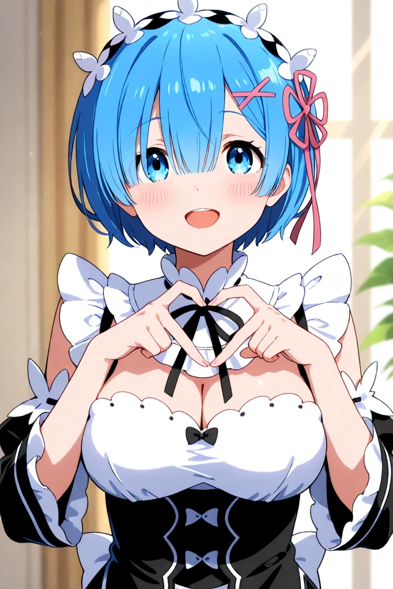 masterpiece, best quality;1.3), ultra detailed, Looking at viewer, castle, lying on bed,smile, rem_re_zero, blue hair, short hair, maid uniform, hair ornament, cleavage, maid headdress, detached sleeves, ribbon