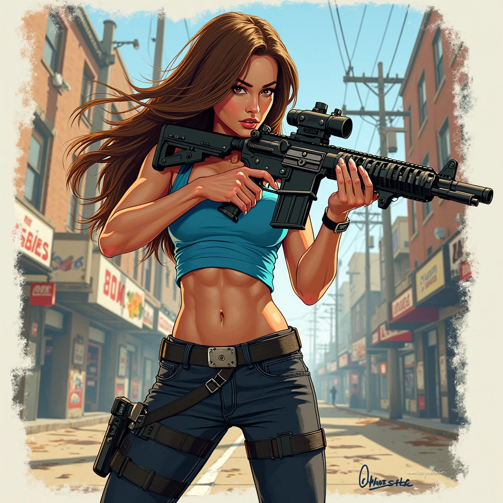 1girl, solo, long hair, brown hair, black hair, navel, holding, weapon, shorts, midriff, holding weapon, gun, military, headphones, holding gun, rifle, handgun, headset, realistic, assault rifle, camouflage, m4 carbine, load bearing vest,wearing epTactical
