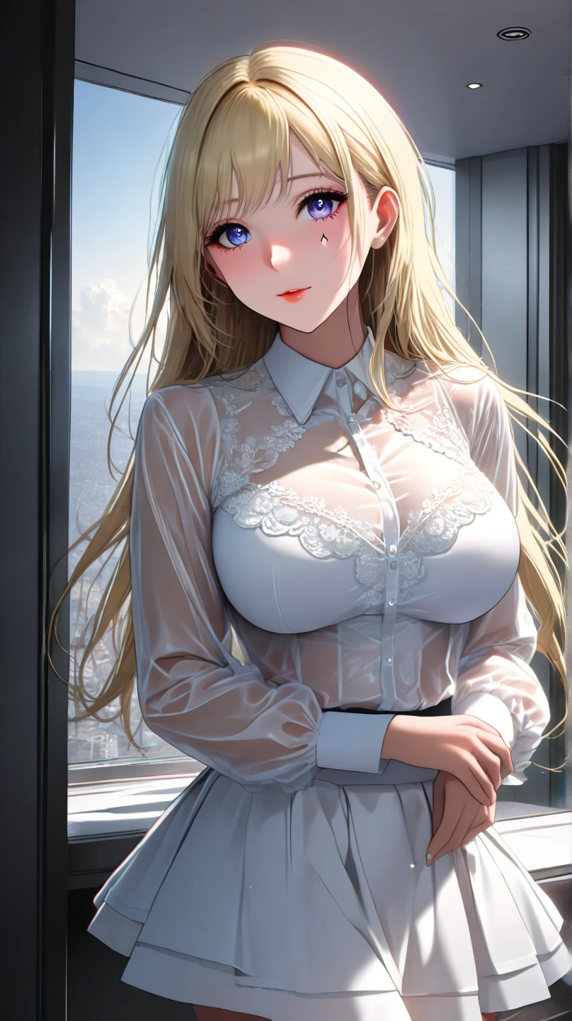 20 year old girl, office miniskirt, white transparent blouse unbuttoned, Elf's ears, naked