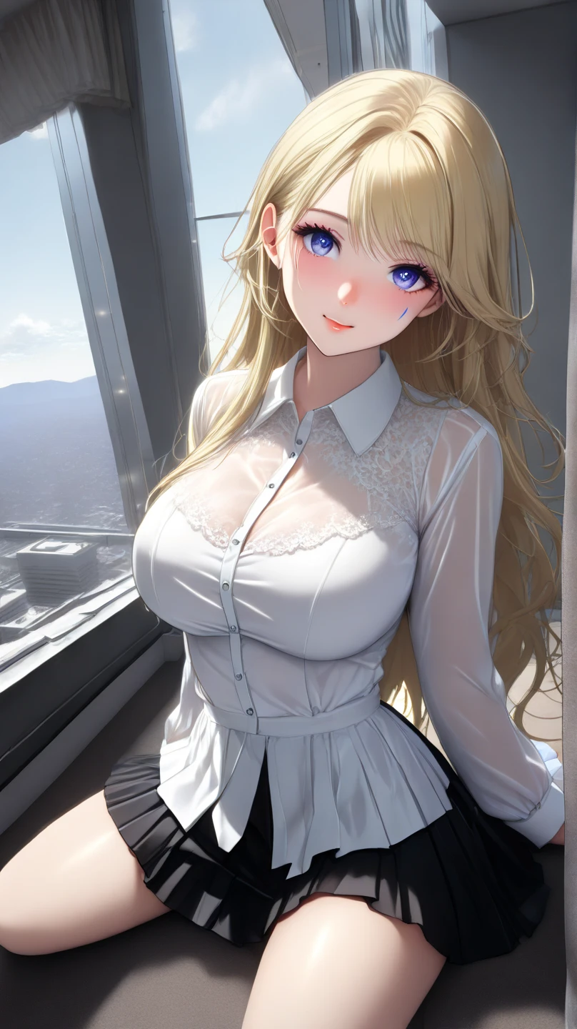 top-quality、Full limbs、complete fingers、One beautiful woman、Beautiful Large Breasts、((straight haired、blondehair))、((White collared shirt、Ha is just、Black panties))、A big smile、Living room at home、is standing、sexypose