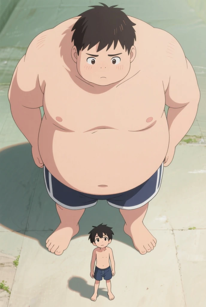 Cartoon of two very chubby identical men fighting on the beach. luchan por hacer caer al otro. ambos usan Speedos de diferentes colores. Tienen enormes barrigas redondas, they suck small cocks