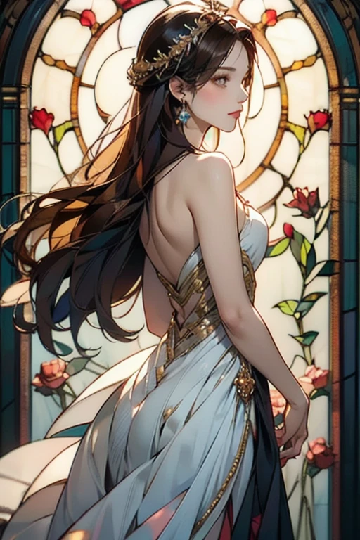 (Masterpiece, top quality, best quality, official art, Beauty and aesthetics: 1.2), (1 girl: 1.3), very detailed, (fractal art: 1.2), colorful, highest detail, (zentangle: 1.2), (dynamic pose), (abstract background: 1.5), (three-layer dress: 1.2), (shiny skin), (multiple colors: 1.4), upper body, transparent gauze, bare shoulders, blooming flower field, glowing skin, light smile, sexy, bust, naked, from below, butt up waiting up