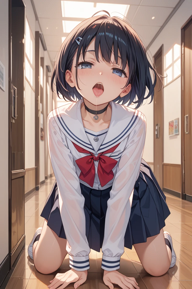nsfw,alone, (One girl), Elementary school girl,8-year-old, ((White panties)), (wearing only the top half of sailor school uniform),sexy, (Cowboy Shot), ((Put your arms behind your head)), classroom, With a girl:hair is black and short, Her face is round and cute, Black Hair, short hair, (Are standing),(Shy, Embarrassing),from below,from the front,(pussy juice),