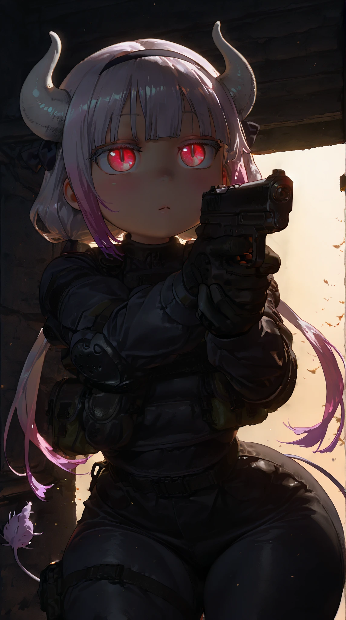 ExpressiveH, 1girl, Kanna_Kamui blue_eyes, slit_pupils, pink_hair, low_twintails, long_hair, blunt_bangs, gradient_hair, flat_chest, dragon_horns, tail, hair_beads, black_hairband, hair_bow, black_bow, hunkRE , tactical gear , military, glowing eyes, night time, low ilumination, dim lighting, , dark basement, horror style , extreme detailed., small breast , Huge ass,  , wide hips, narrow waist, thick thighs, big eyes, shiny eyes, long eyelashes. (obra maestra, altamente detallado, la mejor calidad, 8k), standing, . (masterpiece, best quality, vibrant, very aesthetic, high contrast, semrealistic, semirealistic , highly detailed , newest,), holding a pistol, gun, pointing the gun forward, in combat pose, front view