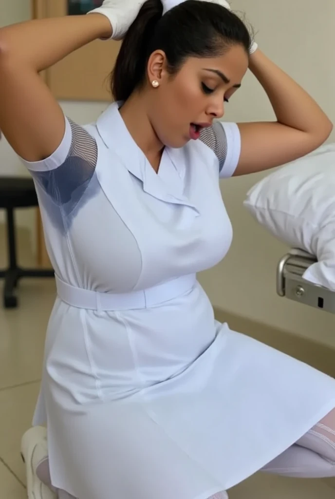 Nurse in transparent clothing without underwear on caring for a patient 