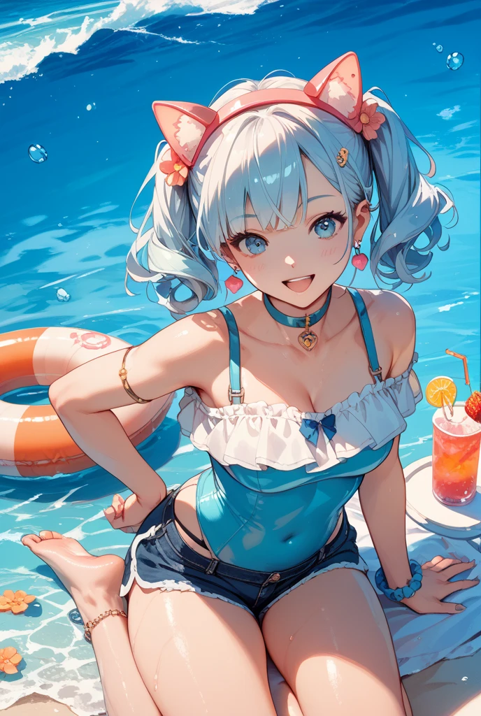 NSFW, (8K, Raw photography, top-quality, masterpiece:1.2), (realisitic, Photorealsitic:1.37), ultra-detailliert, 1 rapariga, 独奏, cute little, Beautiful detailed sea、Separate swimwear、Silver-rimmed glasses、