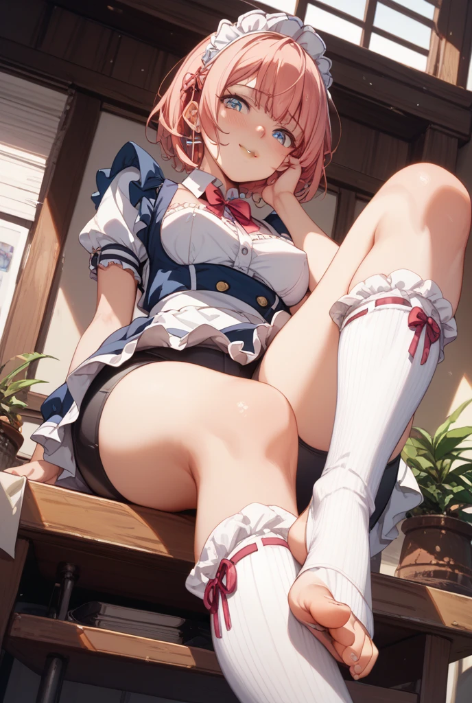 1 girl, alone, Face the observer, view viewer, upper part of body, Smile, Nieru Mikamo(Sanyun Niru Hotel)(Hotels in Sanyuniru), halo, Short hair details, Single braid, Printed jacket, collared shirt, long sleeves, apron, pleated skirt,spread their legs,(Skirt lift:1.3), (thongs:1.1),White panties,