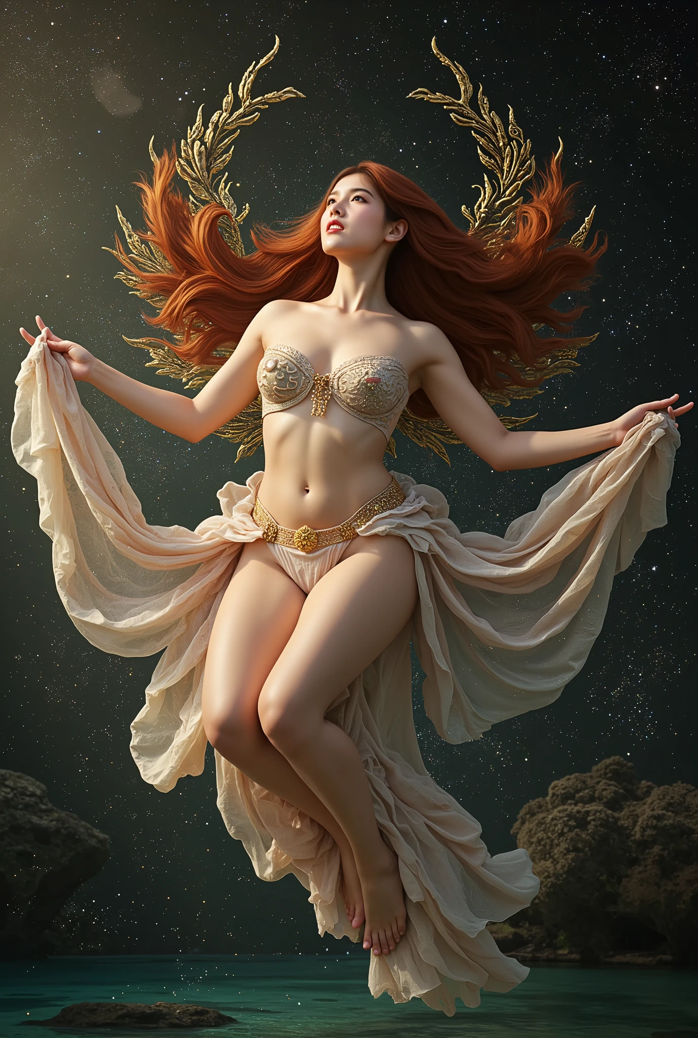 Divine angel, spreading her wings, red close-cropped hair, pale skin, (angelic (halo) made of heavenly light:1.2), bathed in blinding light, riding a golden chariot, fantasy art, concept art, high quality, 8k, delicate features, feminine, seductive, (style of howard chandler christy:1.0), (art by jean-joseph benjamin-constant:1.3)
