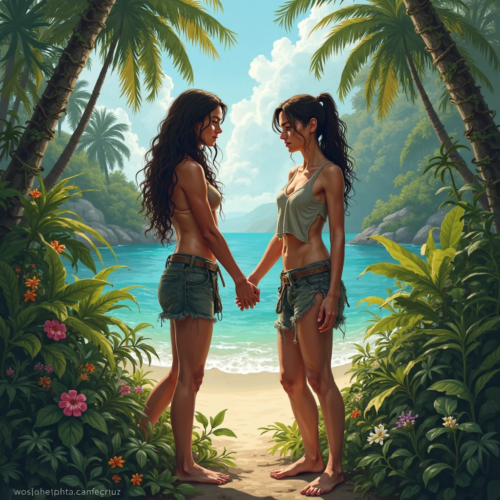 alone in the universe, Paint in watercolor style, Photorealism, discreet golden and ruby and mint shades, two (nudes) gentle, modest thin girls of 16 years old with tender nipples walk barefoot in the distance along the coast
