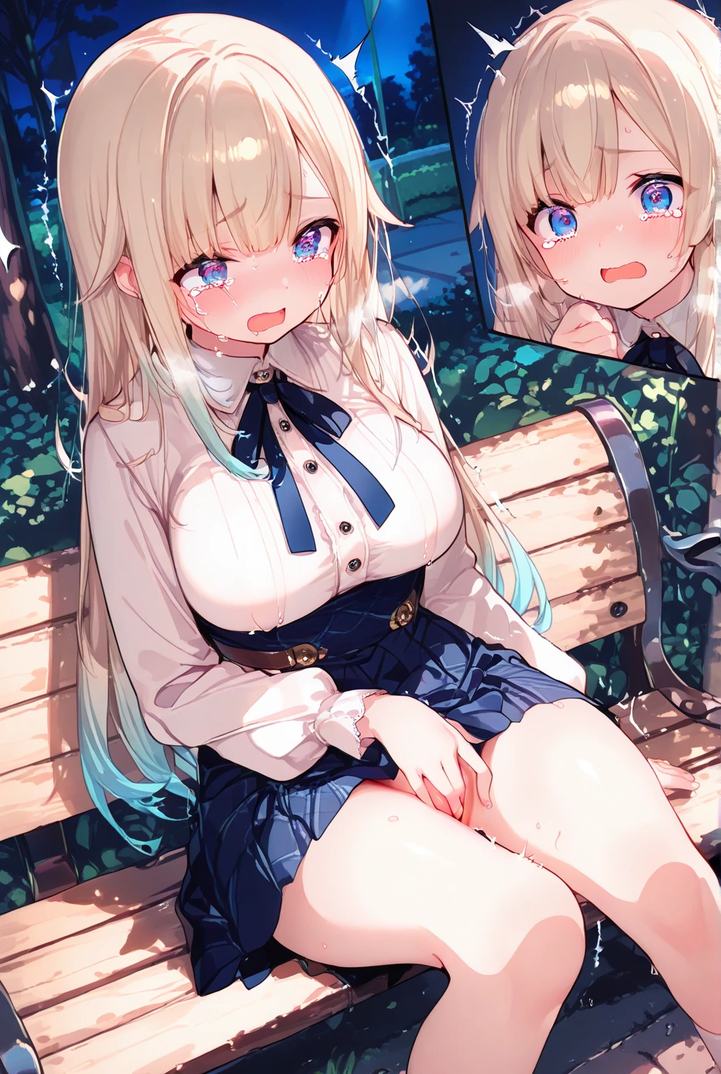 ((anime:1.25)),,((best quality)), ((highly detailed)),(((sketch))) extremely detailed face, beautiful face,((1girl)),((solo)),shiny skin,((full body:1.25)),, aasaren, long hair, blonde hair, (hair bow), ((black bow:1.15))((black bow:)), (hair ornament:1.15), blunt bangs,((pointy ears:1.15)), large breasts,( brooch), (white cape),( aqua dress), (underbust), (short sleeves), (white gloves), (white skirt), (frilled skirt), ,((huge breasts:)),(curvy),,(thick thighs),bottomless,(((skirt lift:1.25))), (((pussy:1.45))),((nose blush:1.45)),,,(bad mood,angry:0.95)open mouth,:d,((looking at viewer:1.25)),BREAK ((park ,bench:1.35)),((sit on bench:1.35)),((sitting:1.35))outdoors,,BREAK ((spread legs:1.35)),((white thighhighs:1.15)),(white thighhighs), ,BREAK ((aqua boots:1.15)),((arms behind back)),((from below))