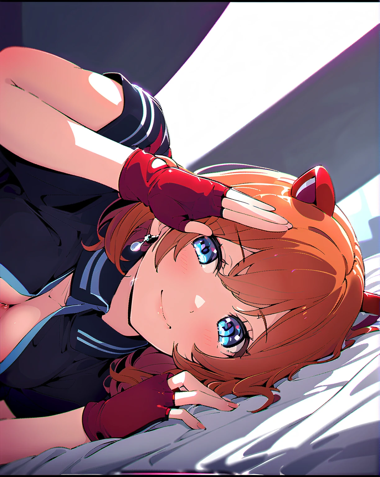 Anime cute girl red hair blue eyes piercings gaming